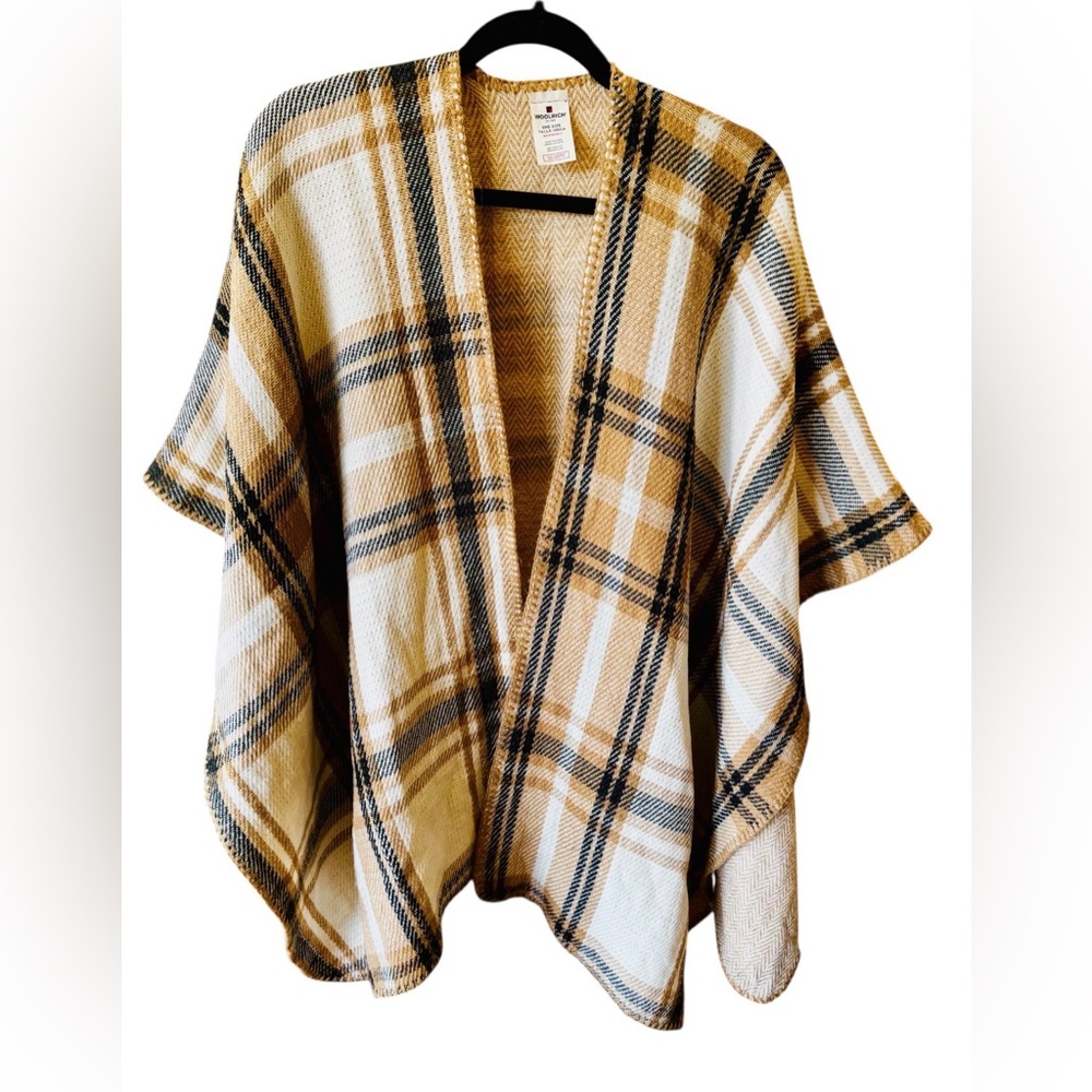 Woolrich Reversible Plaid & Herringbone Open Front Poncho Ruana Tan One Size